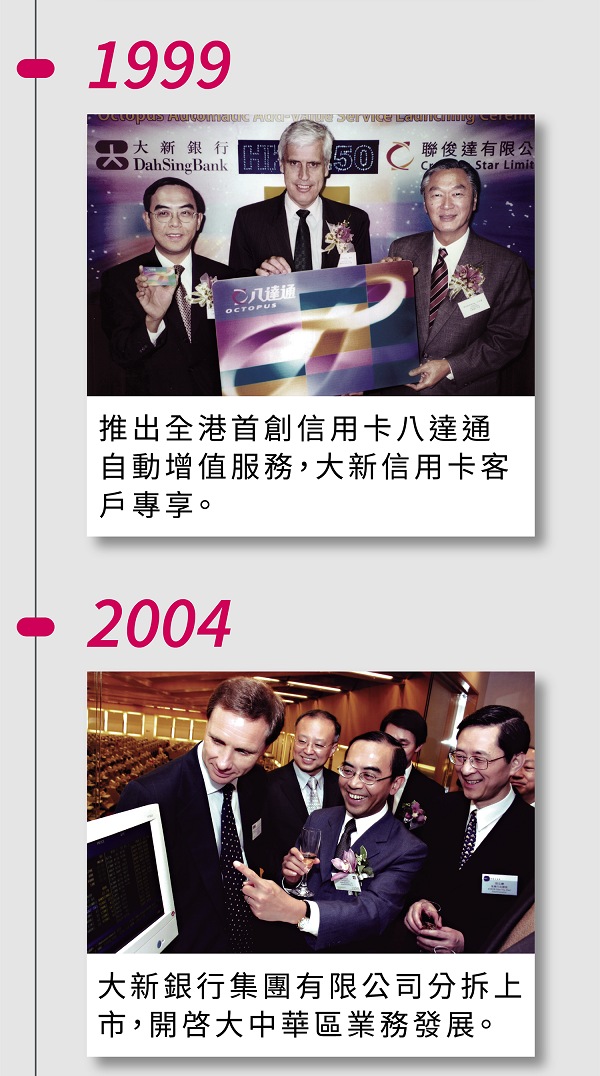 1999年，推出全港首創信用卡八達通自動增值服務，大新信用卡客戶專享。2004年，大新銀行集團有限公司分拆上市，開啓大中華區業務發展。