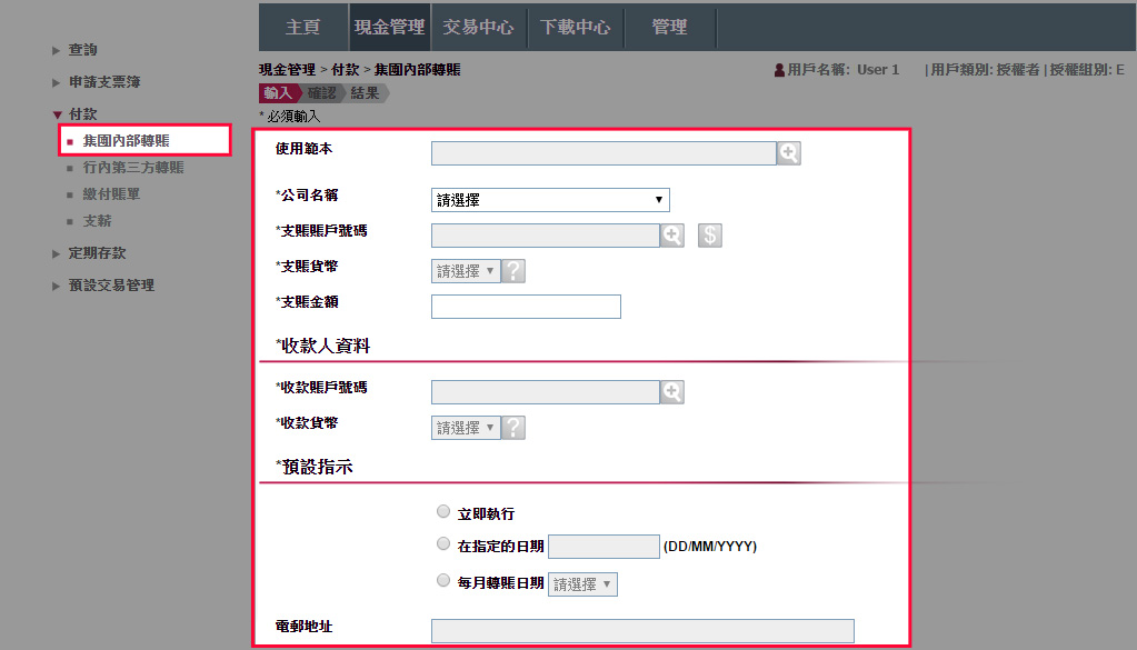 輸入支賬及收款賬戶、轉賬金額及其他資料。您可設定即時、預設或每月轉賬指示。完成後按「遞交」。