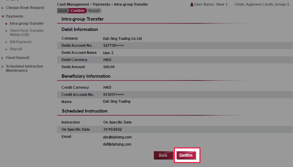 Verify the information and then submit the instruction by clicking Confirm.