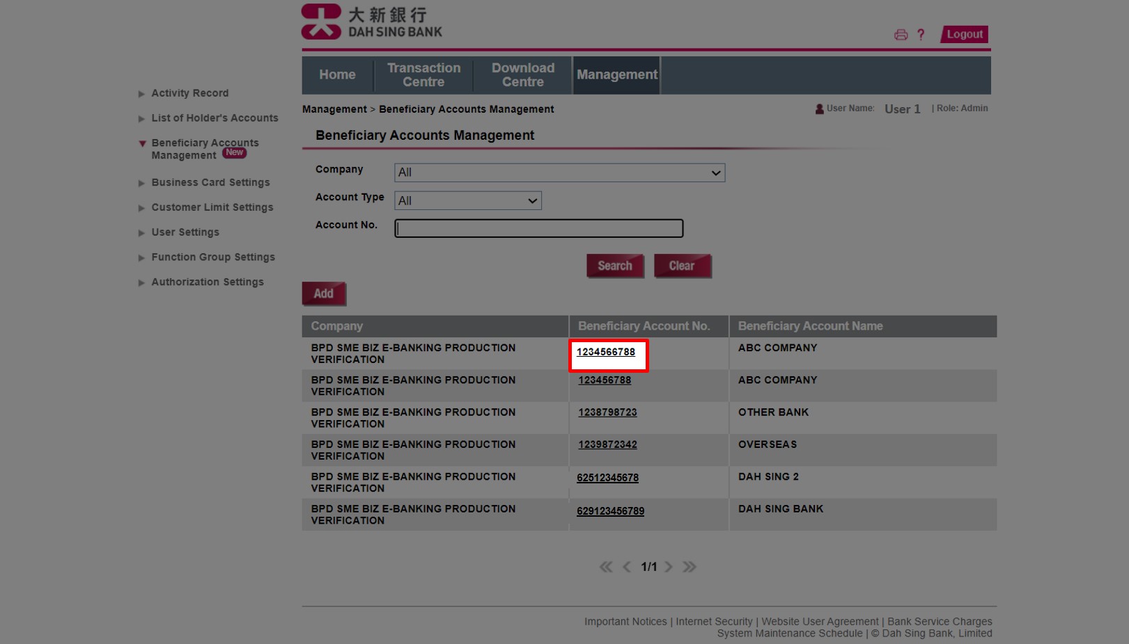 Click the Beneficiary Account No. for enquiry or deletion.