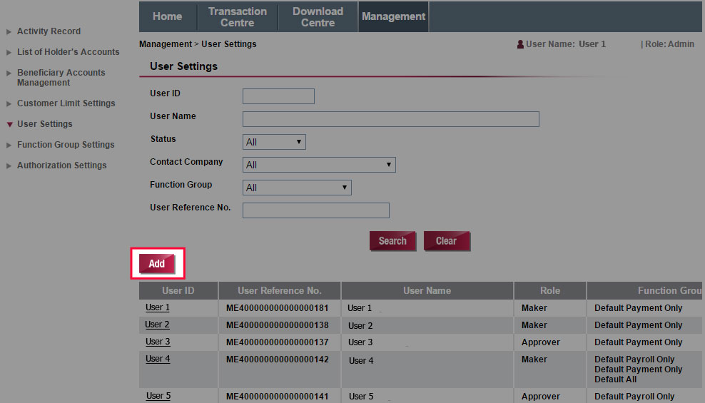 You can select Add to add new maker for 328 Business e-Banking.