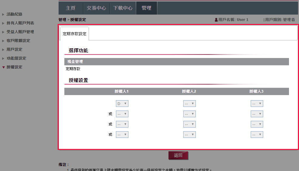 選擇指示類別後，您可查閱有關指示類別現時的授權設定。