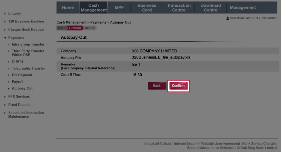 Verify the payment information and then submit the instruction by clicking Confirm.