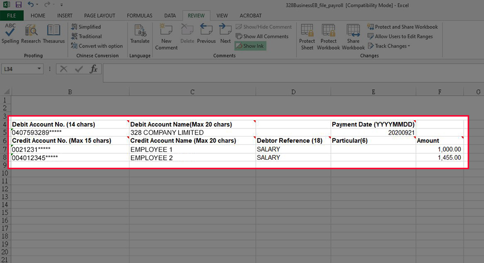 Enter the payroll information in the file, verify and then save the file. If you download CSV file template, please open the file with Notepad for editing and save the file in CSV format for uploading. Note: Please add the Bank Code 040 to the beginning of the Originator Account number.