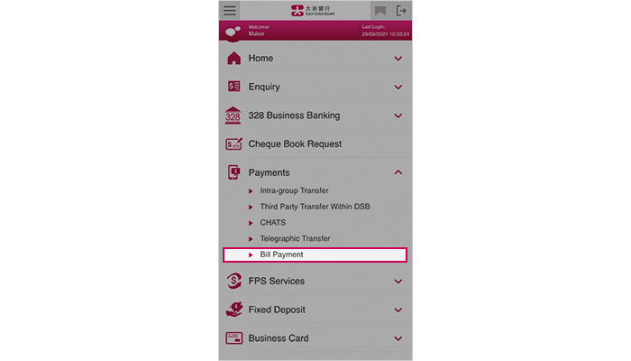 Log into 328 Business Mobile Banking and select Payment > Bill Payment.