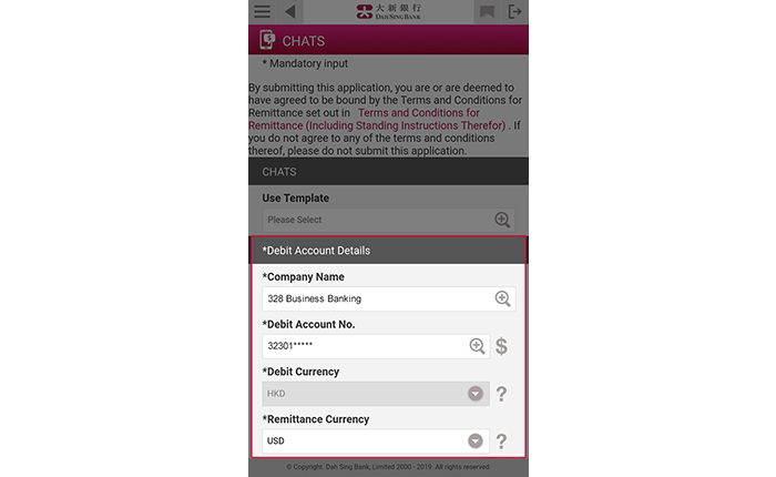 Enter the debit account details, beneficiary account details, beneficiary bank details, remittance amount, charges and other information. You may set up an instant or scheduled instruction. After entering all the details, tap Submit.