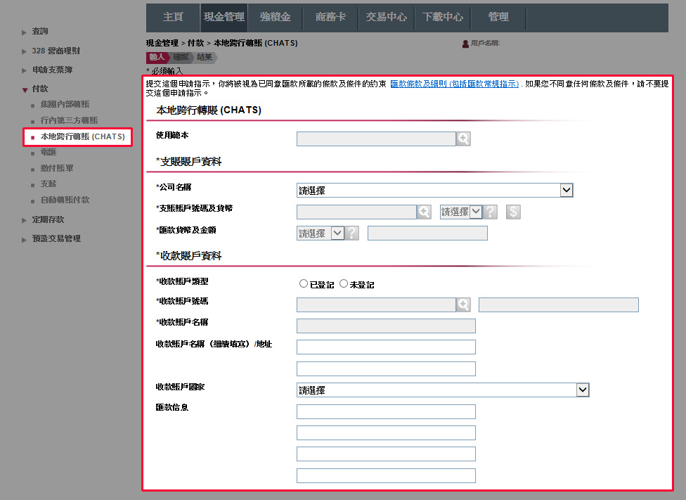 輸入支賬及收款賬戶資料、金額及其他資料。您可設定即時或預設指示。完成後按「遞交」