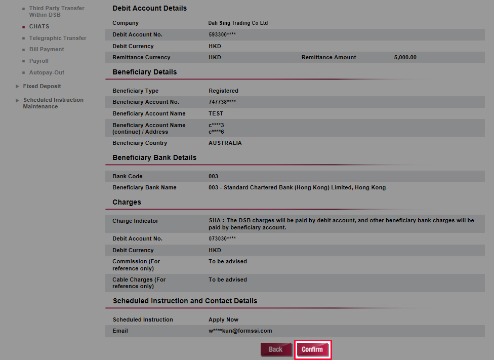 Verify the information and then submit the instruction by clicking Confirm.