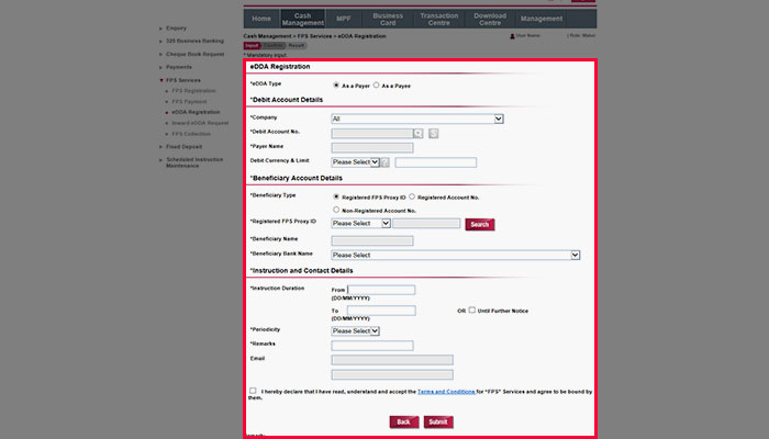 Enter the eDDA type, debit account and beneficiary account details, amount and instruction and contact details. After entering all the details, click Submit.