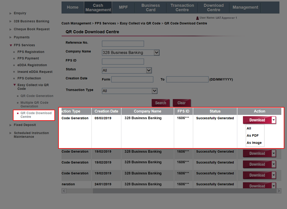 Once the QR code has been successfully generated, you can view and download the QR code in PDF and / or image format from the QR Code Download Centre. If multiple QR code generation failed, you can query the reason from the QR Code Download Centre for further action: Data Validation Failed: